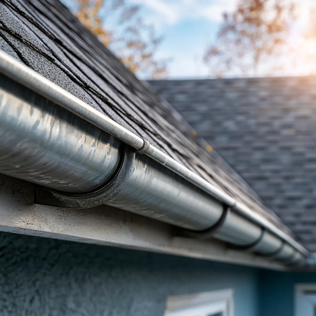 Shingle roof eave with a galvanized half round gutter fixed along it